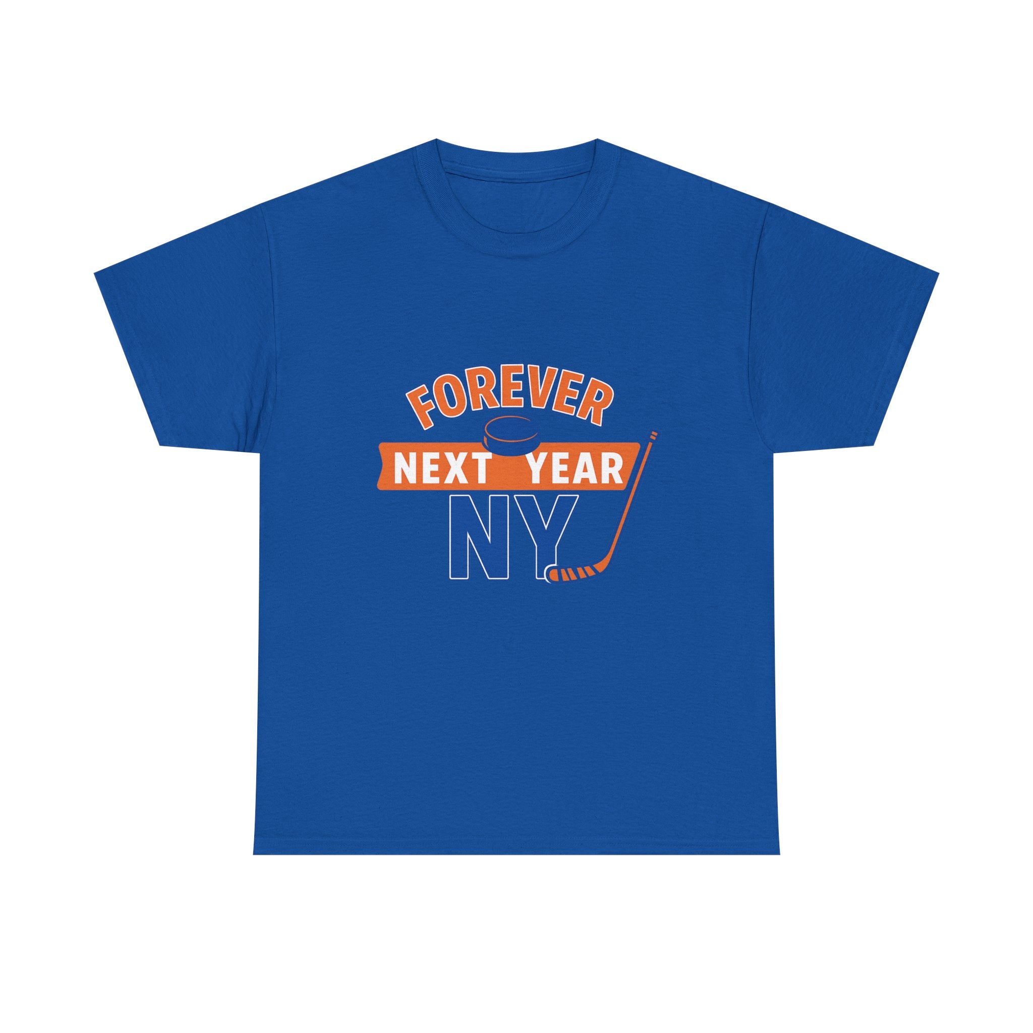 Forever Next Year NY Tee - Hockey Fan Edition, Blue and Orange, Unisex Cotton T-Shirt, Sports Fan Gift, Game Day Apparel, Green Sportswear, Casual Wear