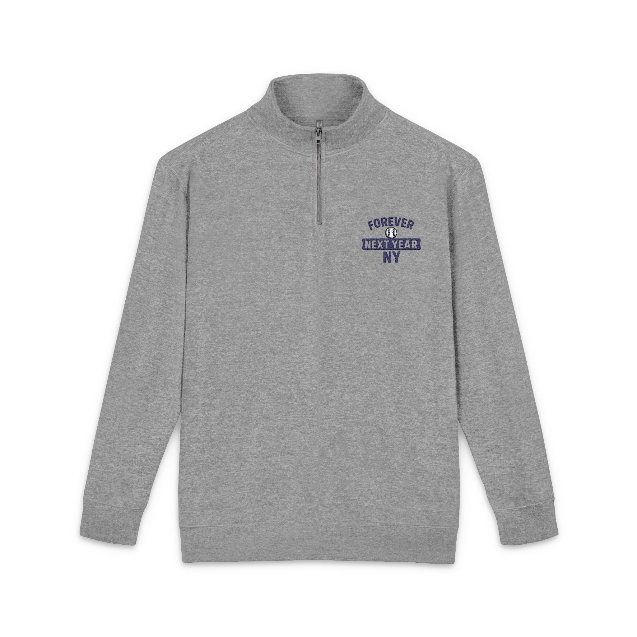 Embroidered Quarter‑Zip Pullover - Forever Next Year NY, Baseball Edition, Gray and White