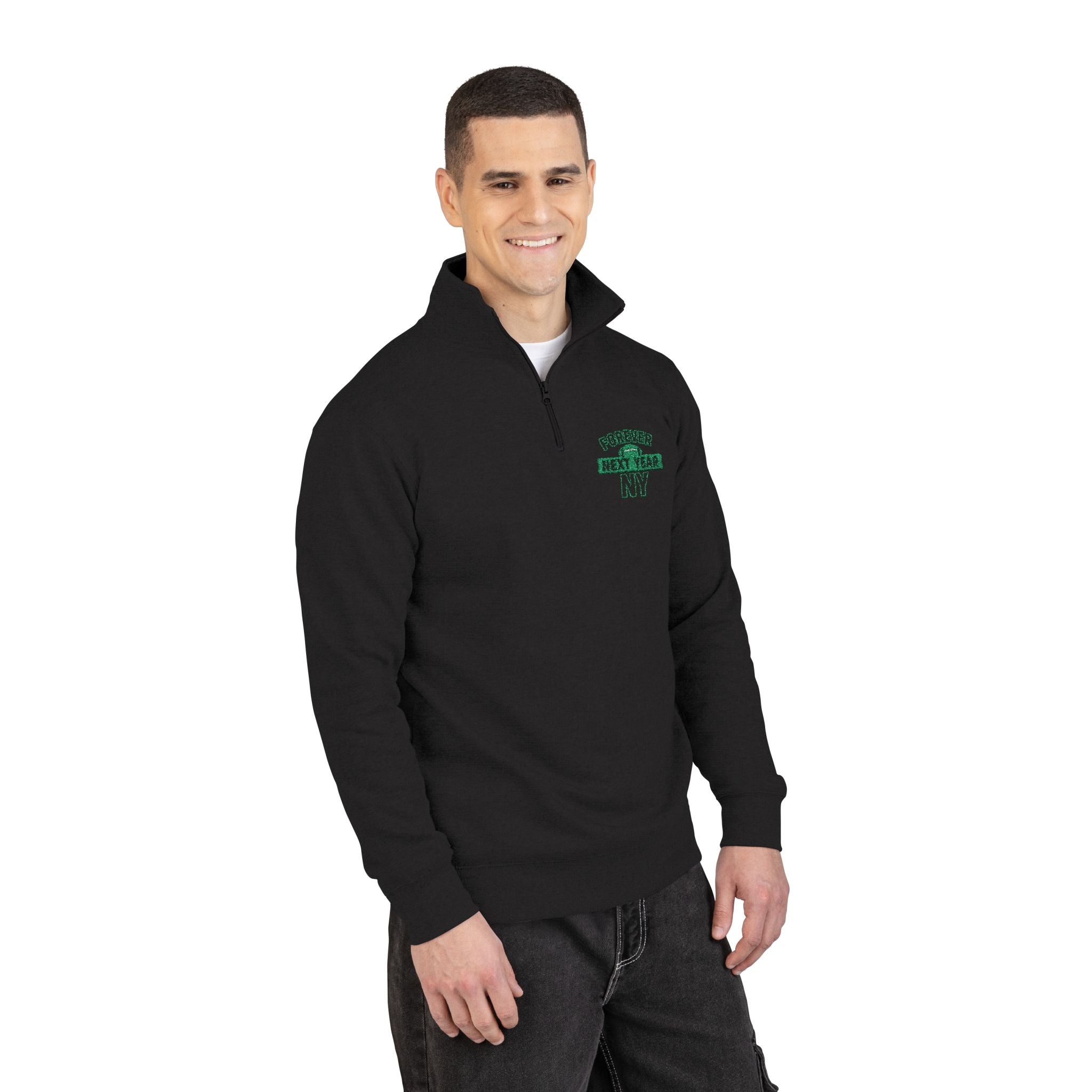 Embroidered Quarter‑Zip Pullover NY Football Edition - Forever Next Year NY, Black and Green