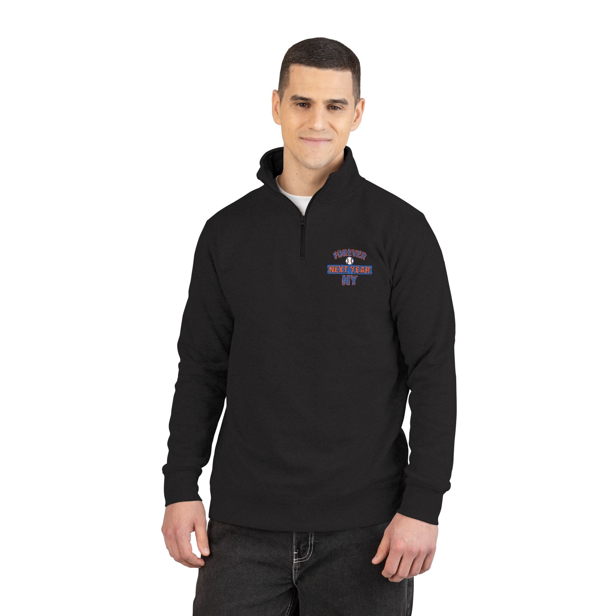 Embroidered Quarter‑Zip Pullover - Forever Next Year NY, Baseball Edition, Blue and Orange