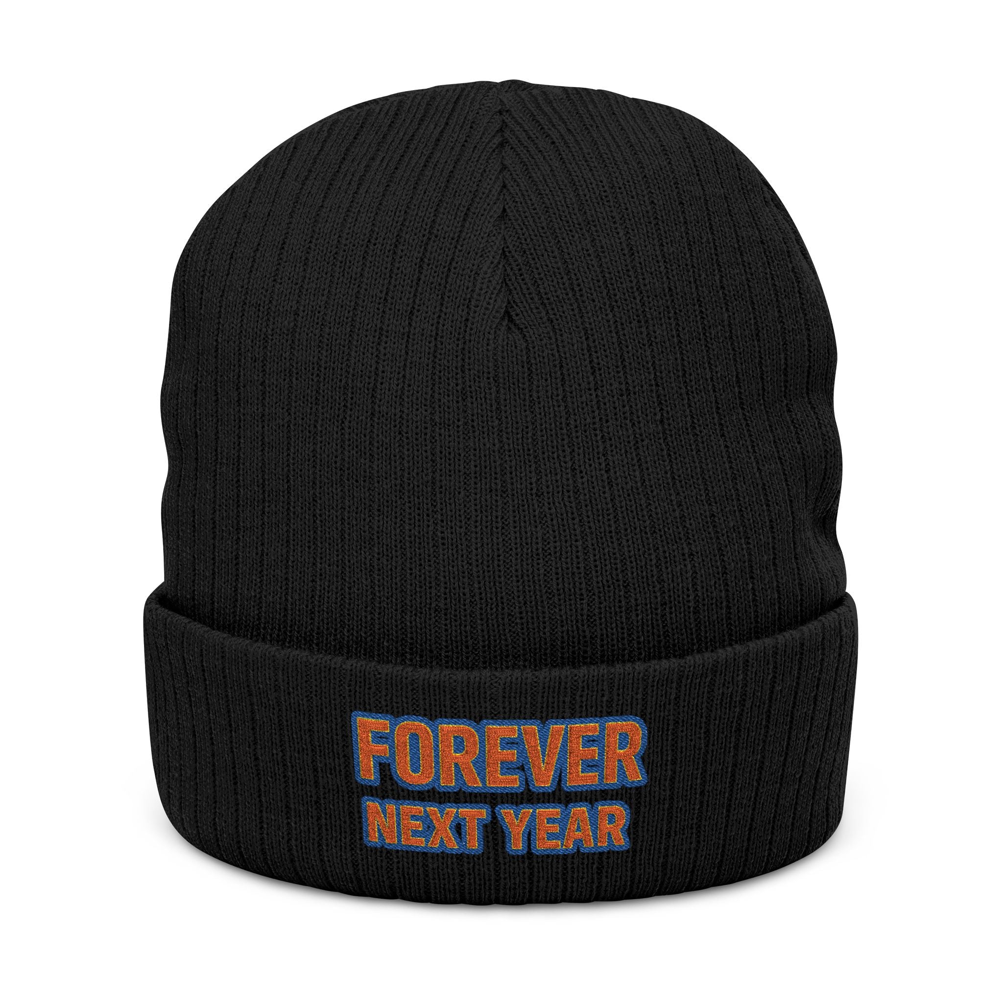 Forever Next Year Knit Beanie, Blue and Orange, Queens Baseball Edition — Embroidered Cuffed Winter Hat
