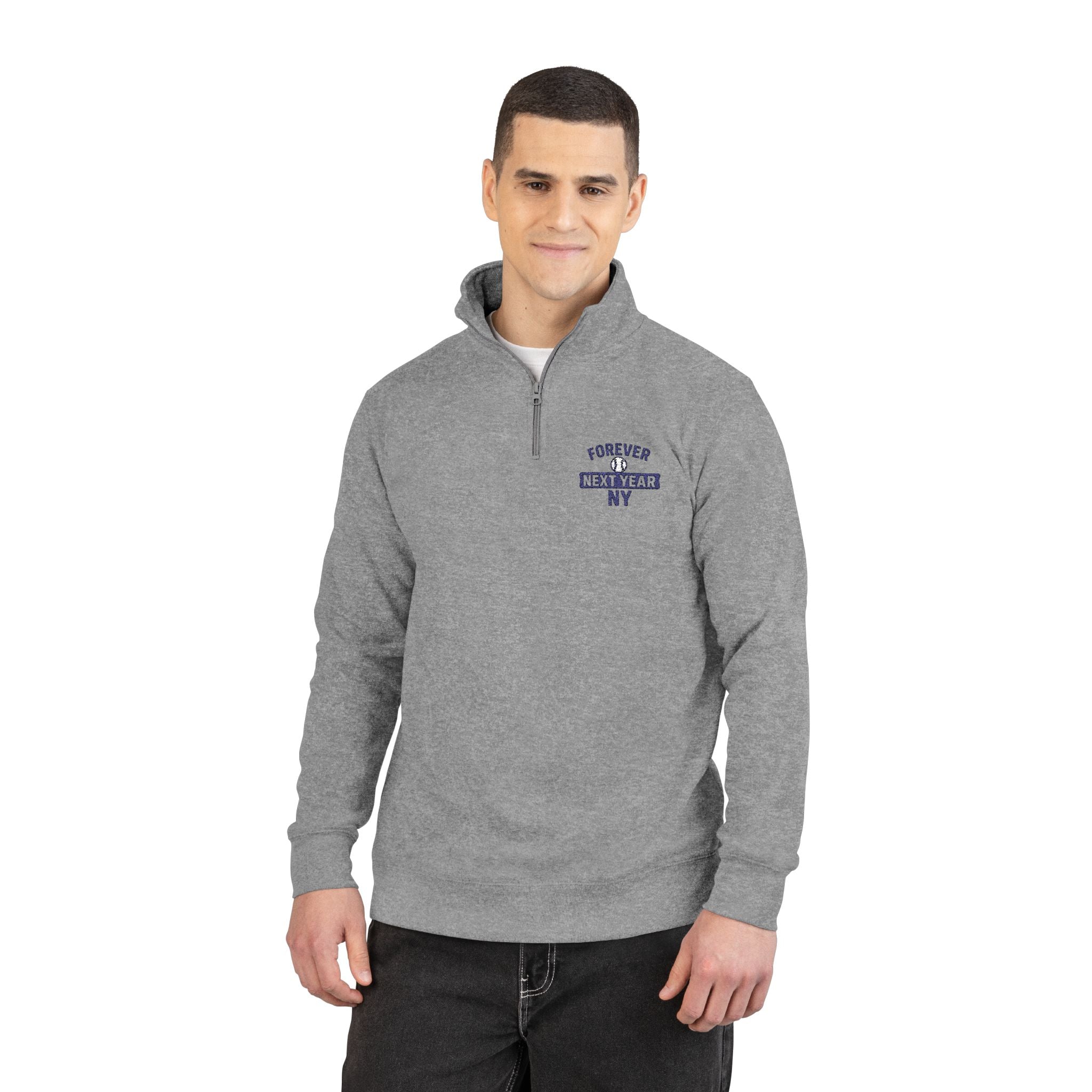 Embroidered Quarter‑Zip Pullover - Forever Next Year NY, Baseball Edition, Gray and White