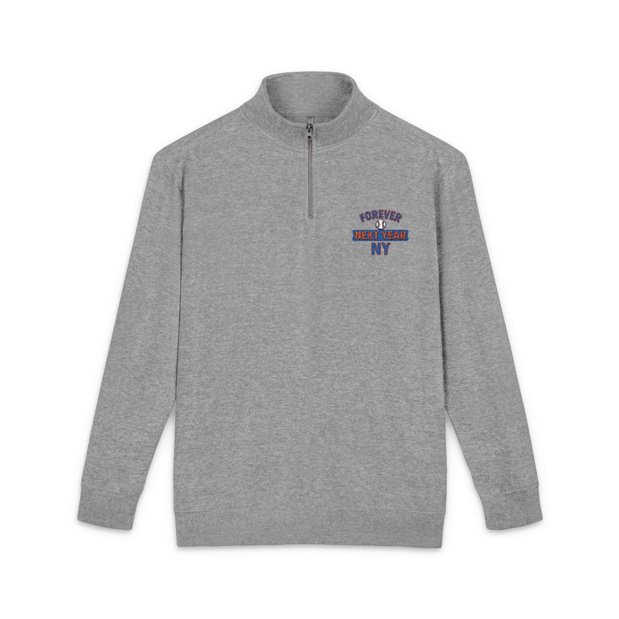 Embroidered Quarter‑Zip Pullover - Forever Next Year NY, Baseball Edition, Blue and Orange