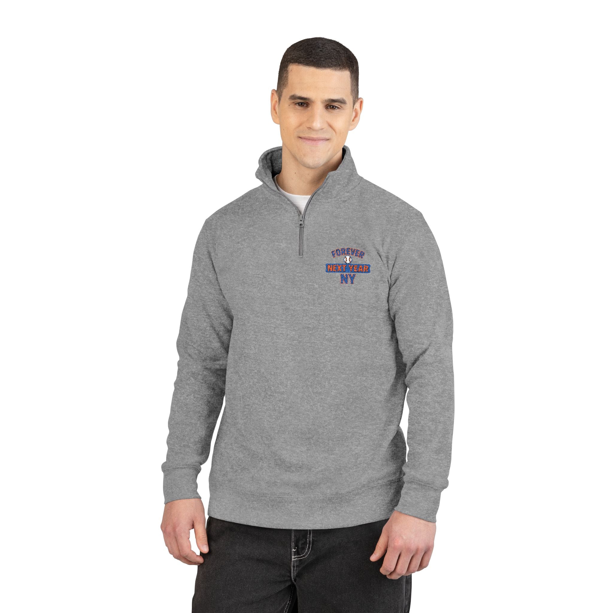 Embroidered Quarter‑Zip Pullover - Forever Next Year NY, Baseball Edition, Blue and Orange