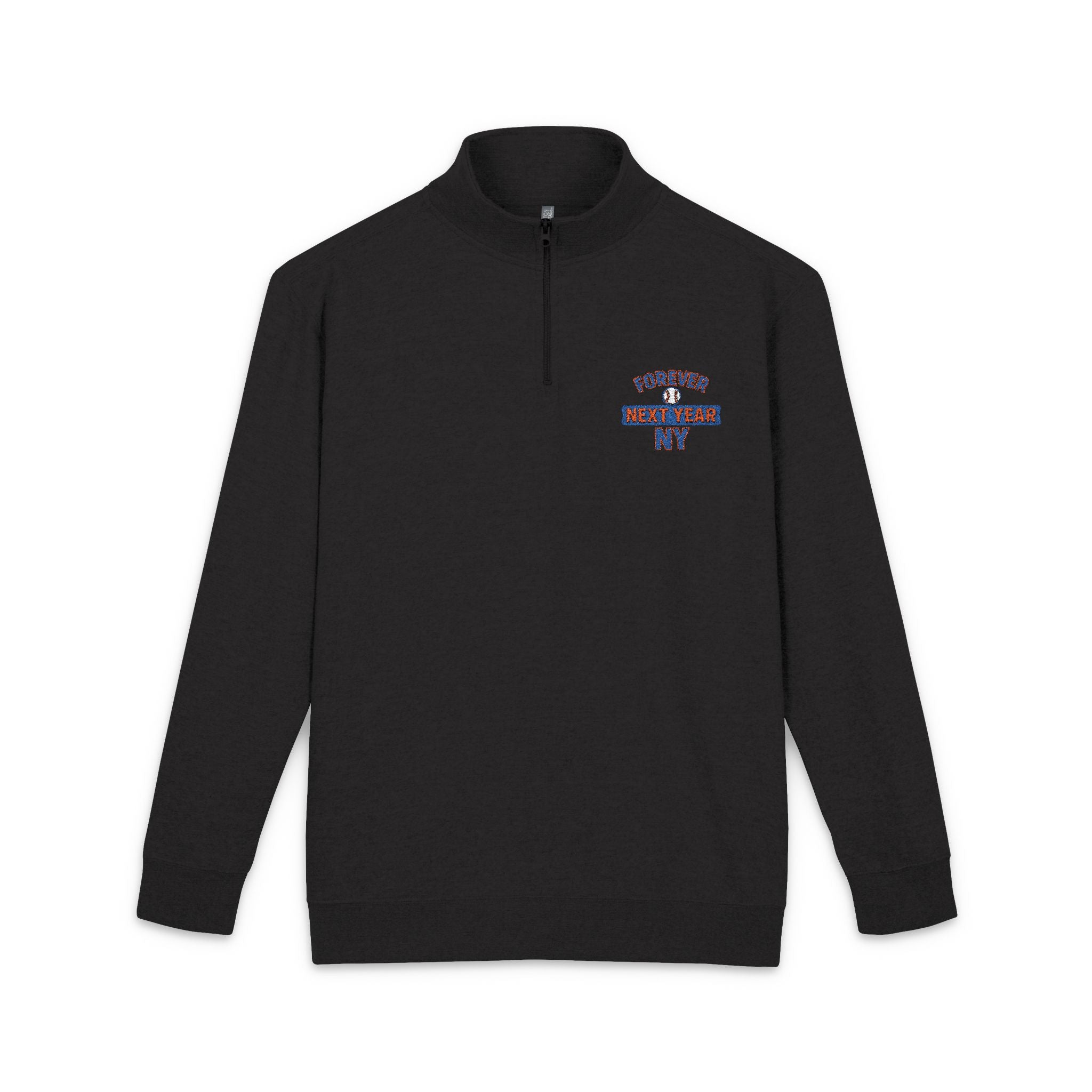 Embroidered Quarter‑Zip Pullover - Forever Next Year NY, Baseball Edition, Blue and Orange