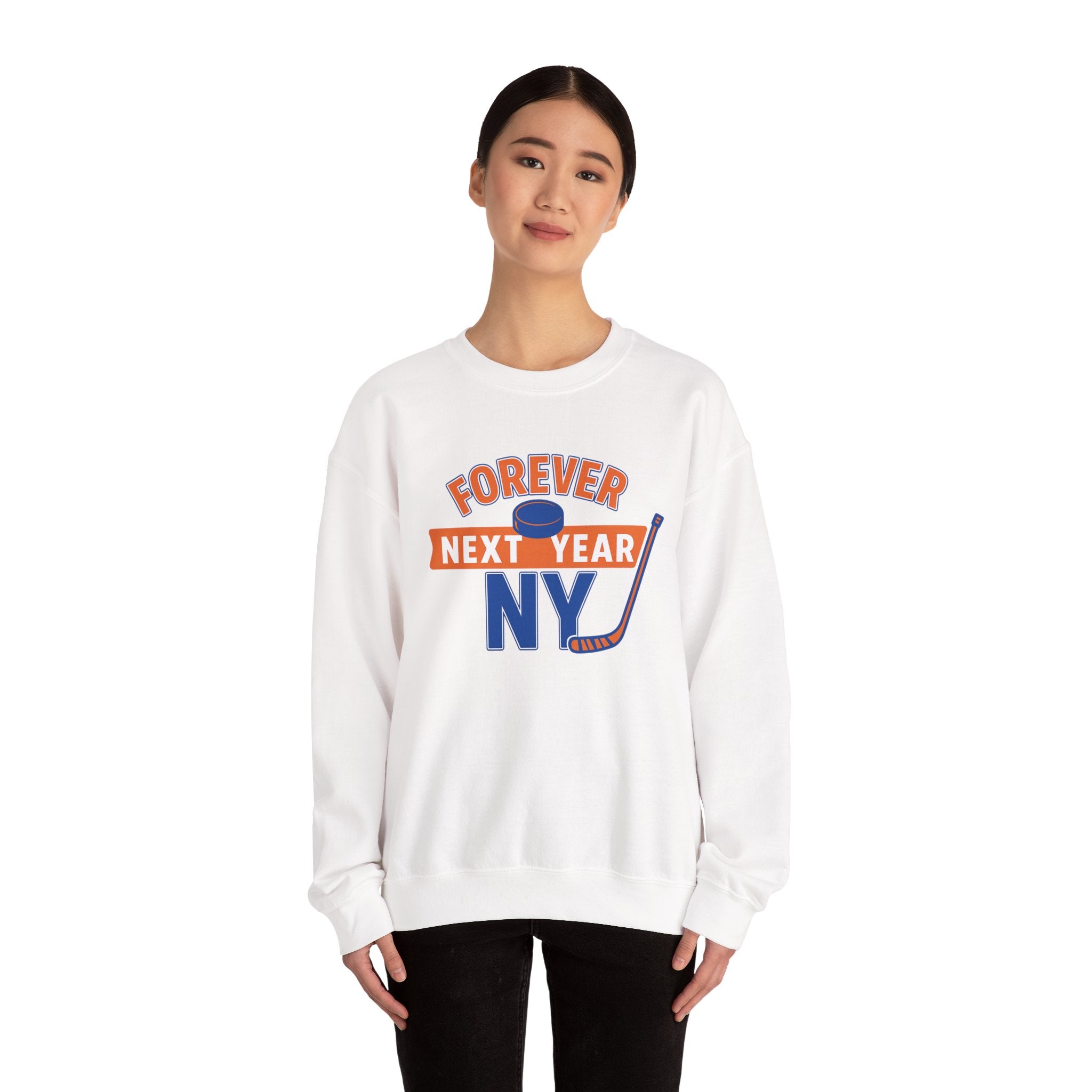 Forever Next Year NY Crewneck Sweatshirt Blue and Orange, Hockey Fan, Cozy Unisex Sweatshirt, Sports Apparel, Gift for Him/Her, Casual Wear, Football Fan Gear