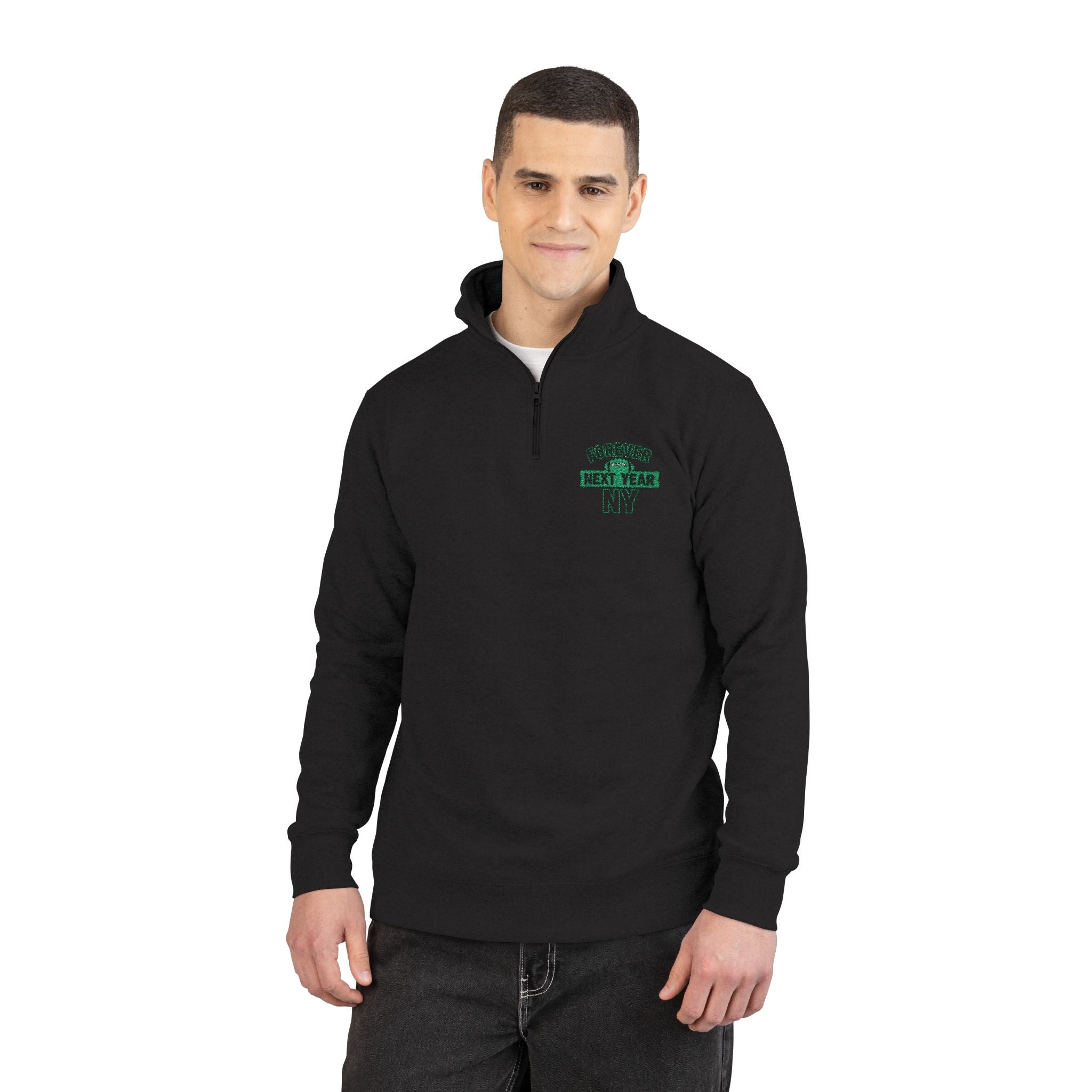 Embroidered Quarter‑Zip Pullover NY Football Edition - Forever Next Year NY, Black and Green