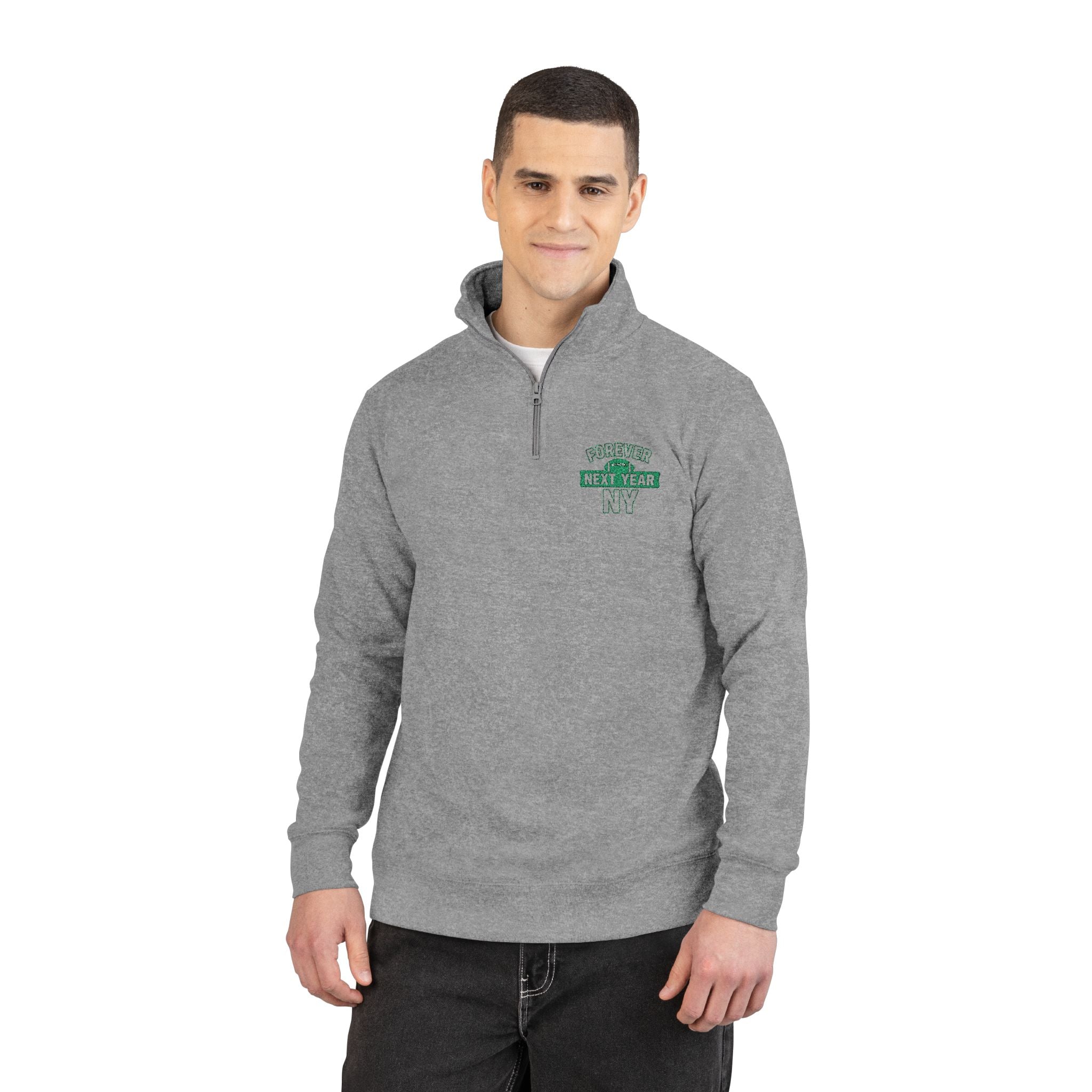 Embroidered Quarter‑Zip Pullover NY Football Edition - Forever Next Year NY, Black and Green