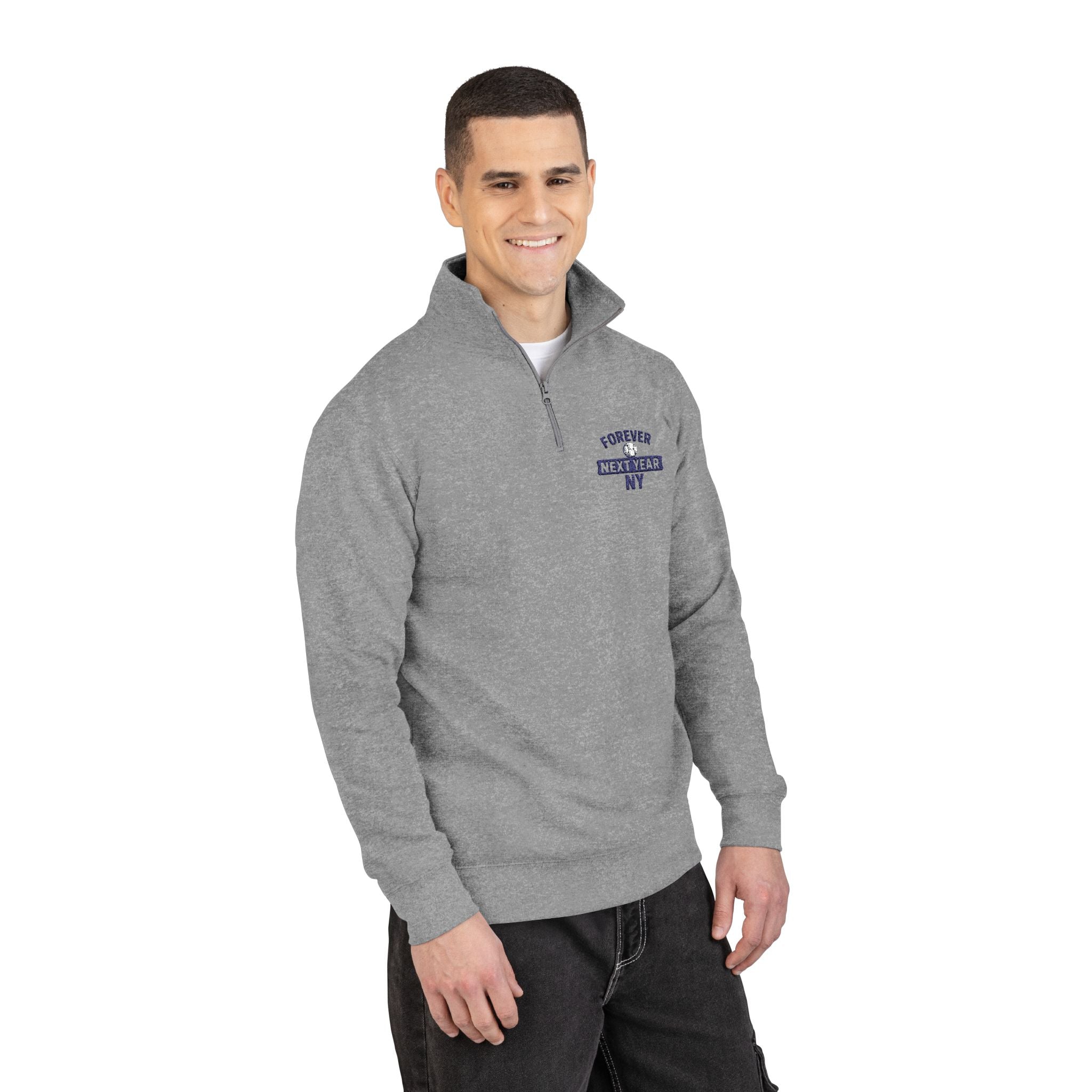 Embroidered Quarter‑Zip Pullover - Forever Next Year NY, Baseball Edition, Gray and White