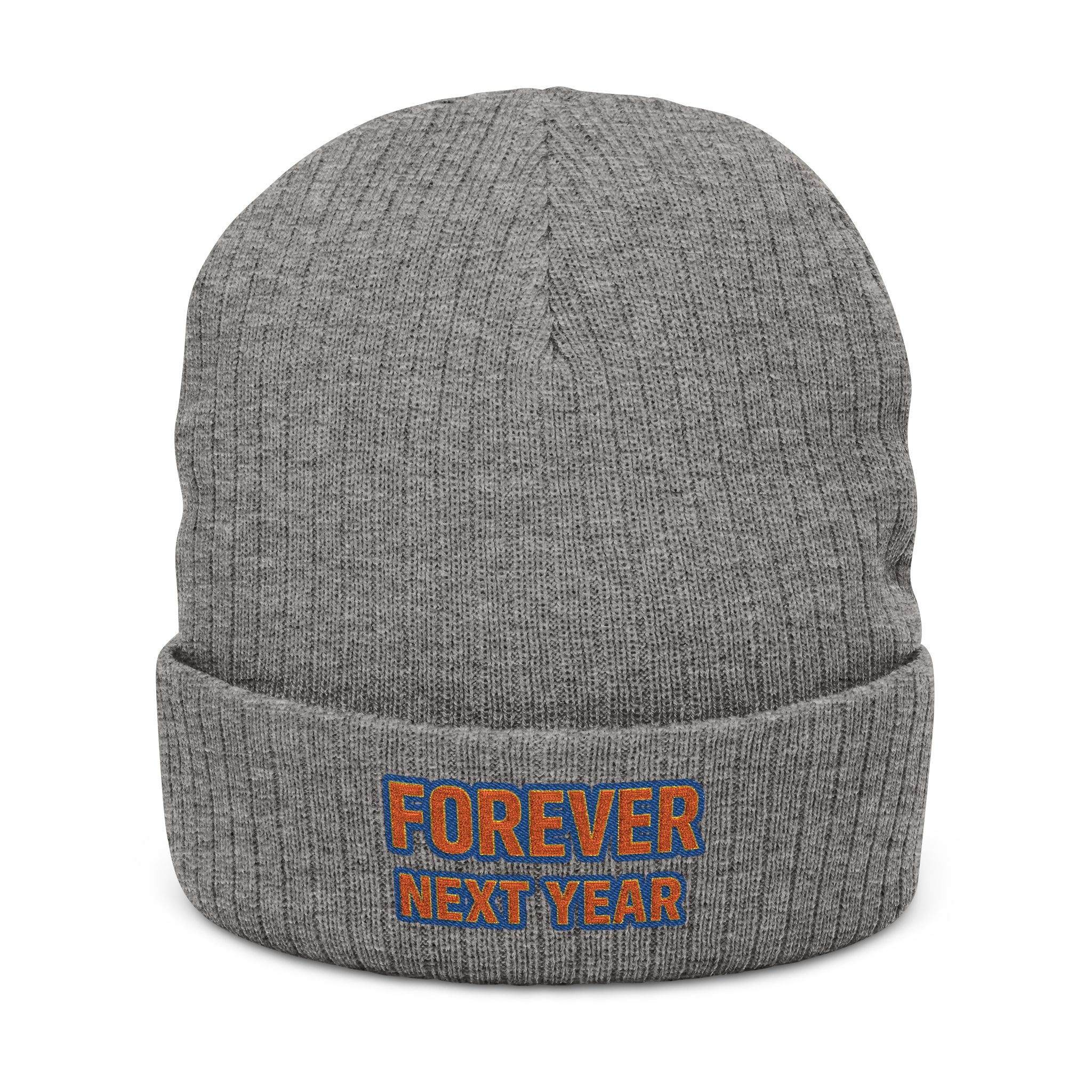 Forever Next Year Knit Beanie, Blue and Orange, Queens Baseball Edition — Embroidered Cuffed Winter Hat